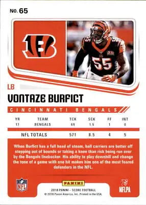 Vontaze Burfict Cincinnati Bengals NFL football card 2018 Score #65 NM-MT condition