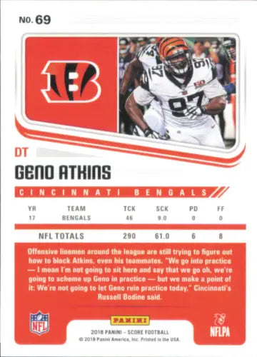 Geno Atkins Cincinnati Bengals NFL Football Card 2018 Score #69 NM-MT Condition