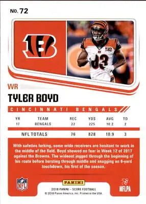 Tyler Boyd Cincinnati Bengals 2018 Score #72 NFL Football Card NM-MT