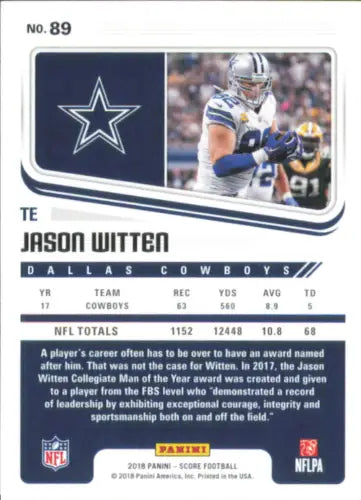 Jason Witten Dallas Cowboys NFL Football Card 2018 Score #89 in NM-MT condition