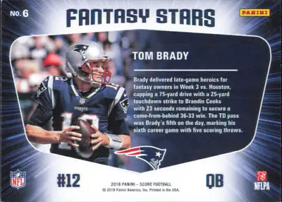 Tom Brady 2018 Score Fantasy Stars Gold #6 New England Patriots NFL Card NM-MT