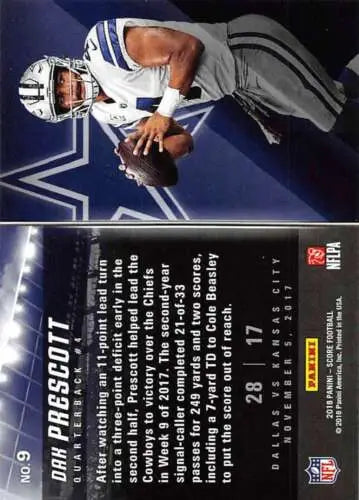 Dak Prescott football card in original gloss from 2018 Score Scoreboard #9 Cowboys