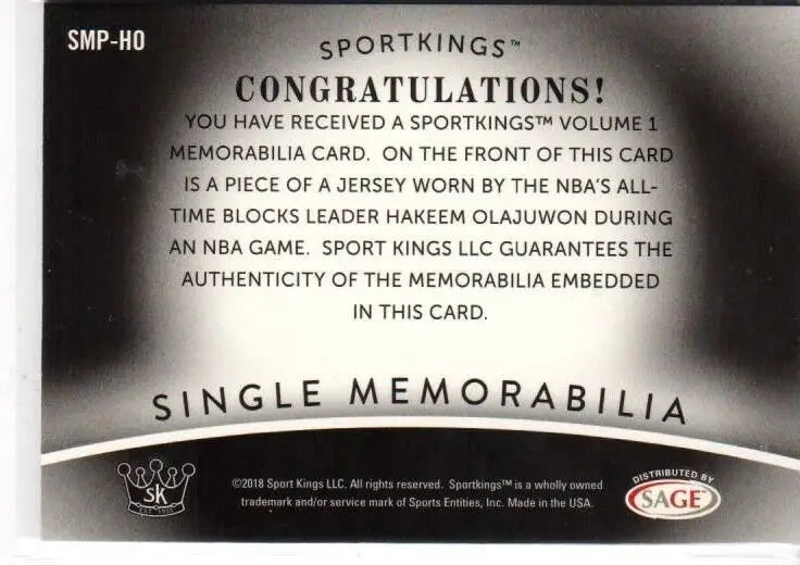 Sport Kings congratulatory card for Hakeem Olajuwon authentic NBA jersey piece