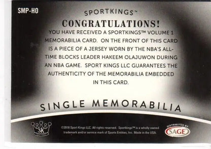 Sport Kings congratulatory card for Hakeem Olajuwon authentic NBA jersey piece