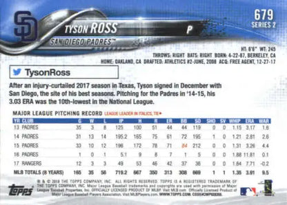 Tyson Ross baseball card 2018 Topps #679 NM-MT Padres with original gloss finish