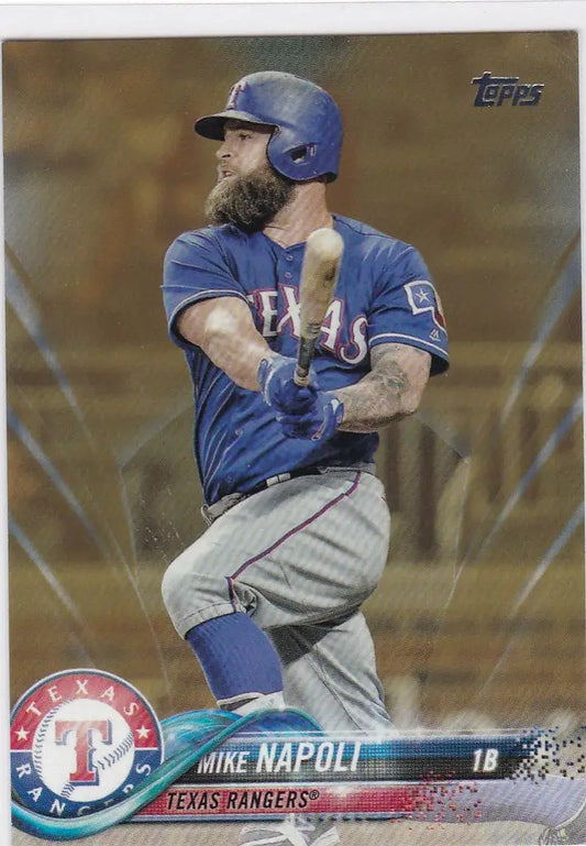 Baseball player in blue uniform swinging bat on 2018 Topps Gold Mike Napoli trading card