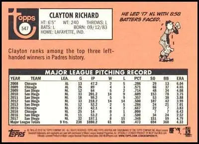 Baseball card back of 2018 Topps Heritage #547 Clayton Richard NM-MT Padres original gloss