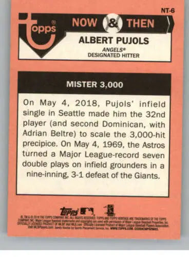 Baseball card back of 2018 Topps Heritage High Number Now and Then Albert Pujols