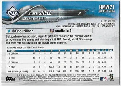 2018 Topps Holiday HMW21 Blake Snell baseball card with original gloss from Rays