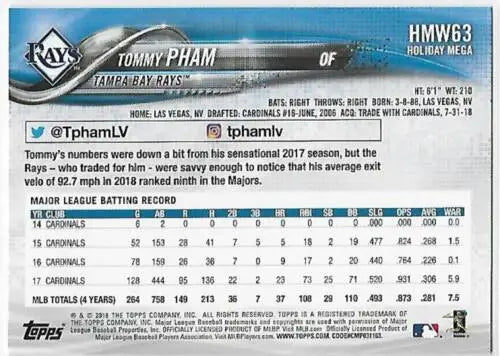 2018 Topps Holiday HMW63 Tommy Pham baseball card in original gloss condition