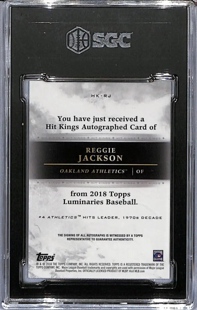 Back of 2018 Topps Luminaries Hit Kings Blue Reggie Jackson Auto card in case