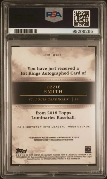 PSA-graded 2018 Topps Luminaries Ozzie Smith St. Louis Cardinals GEM MINT card back