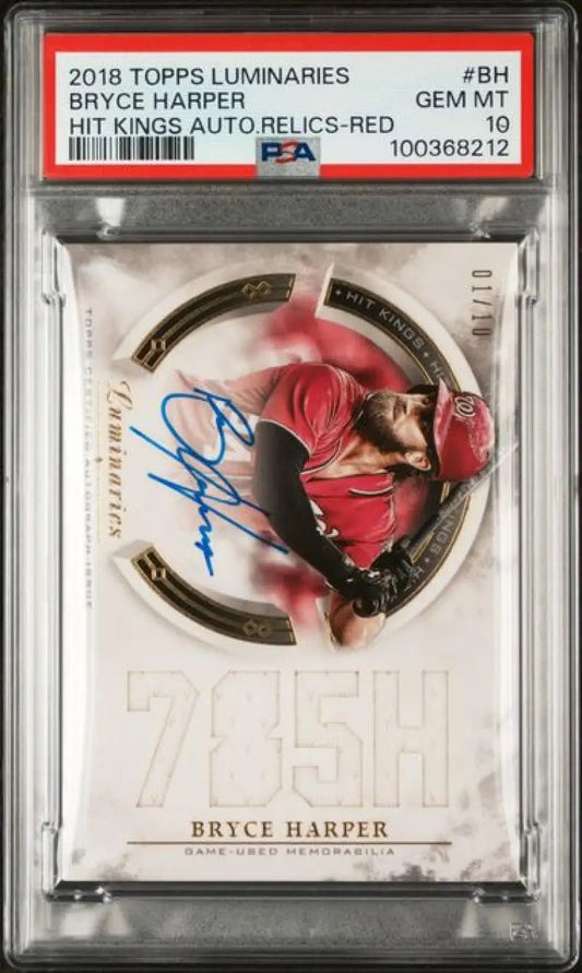 2018 Topps Luminaries Hit Kings Relics Red #HKAR-BH Bryce Harper PSA 10 GEM MINT MEM Auto 1/10 Washington Nationals Baseball Card Image 1