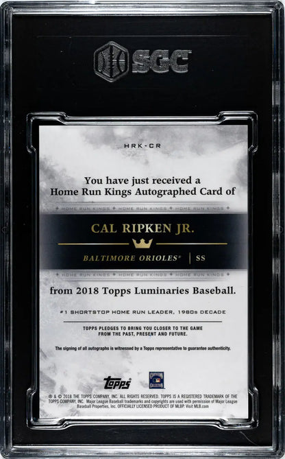 Back of 2018 Topps Luminaries Cal Ripken Jr. Home Run Kings SGC 10 baseball card