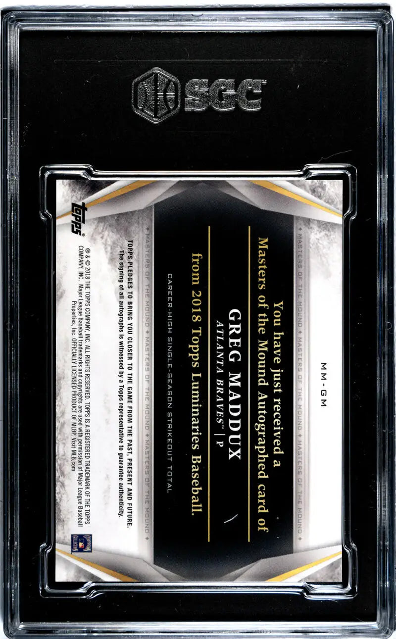 Black-bordered trading card holder with 2018 Topps Luminaries Greg Maddux card inside