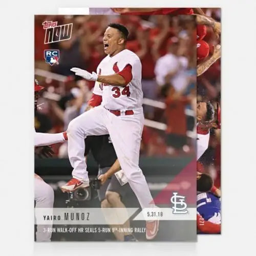 Baseball trading card of Yairo Munoz celebrating a walk-off home run for St. Louis Cardinals