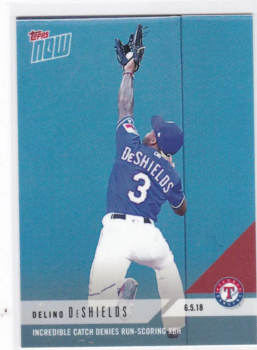 Baseball card of Delino Deshields making a leaping catch for the Texas Rangers