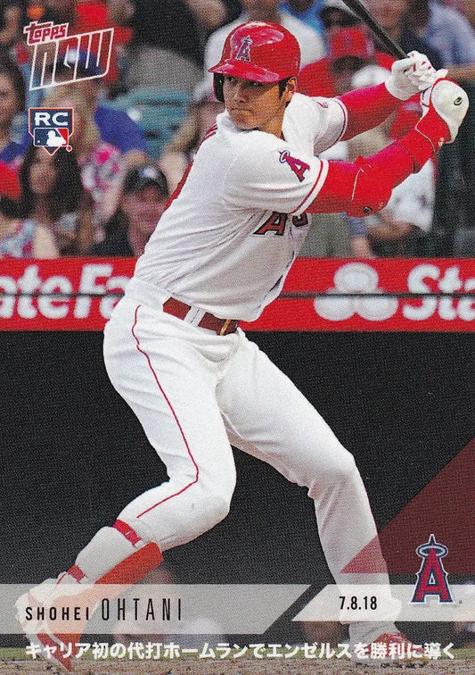 Baseball player in Los Angeles Angels uniform swinging bat, featuring Shohei Ohtani