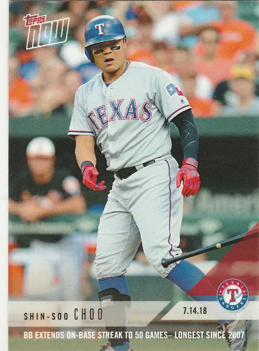 Baseball player in Texas Rangers uniform at bat, featuring Choo Texas Rangers card