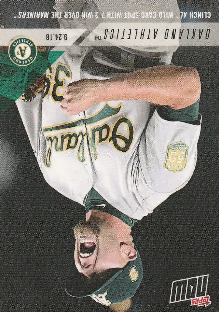 Baseball card of upside-down Oakland Athletics pitcher celebrating clinch AL Wild Card