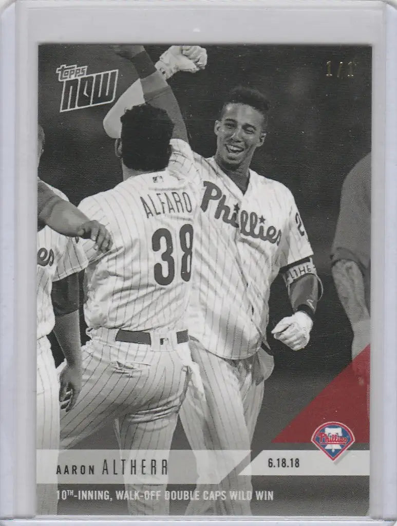 Baseball card of Aaron Althera Phillies celebrating in 2018 Topps Now Platinum B&W 340BW