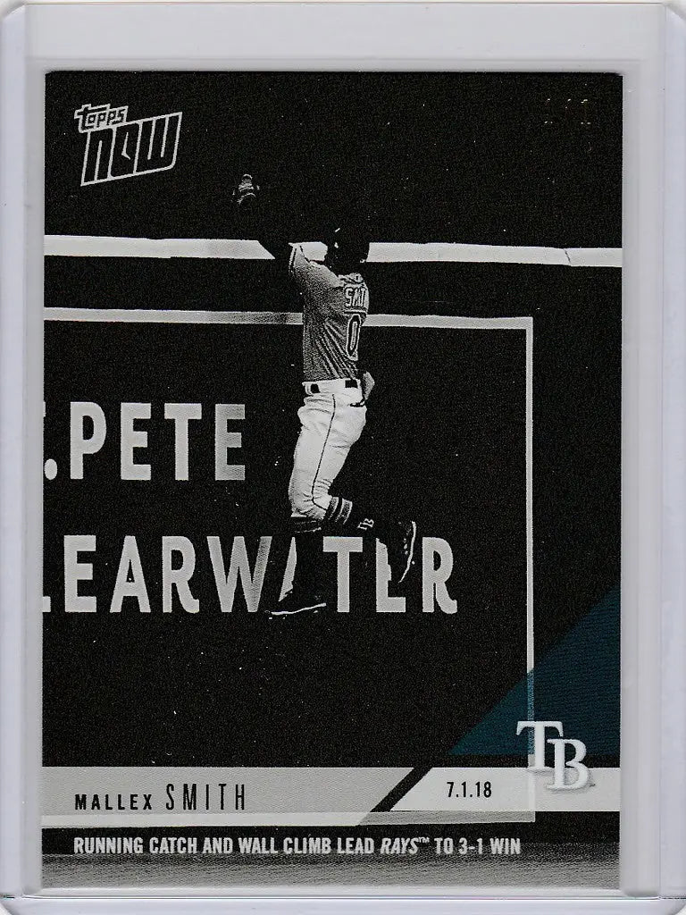 Baseball card of Mallex Smith making a catch, 2018 Topps Now Platinum B&W 394BW Rays