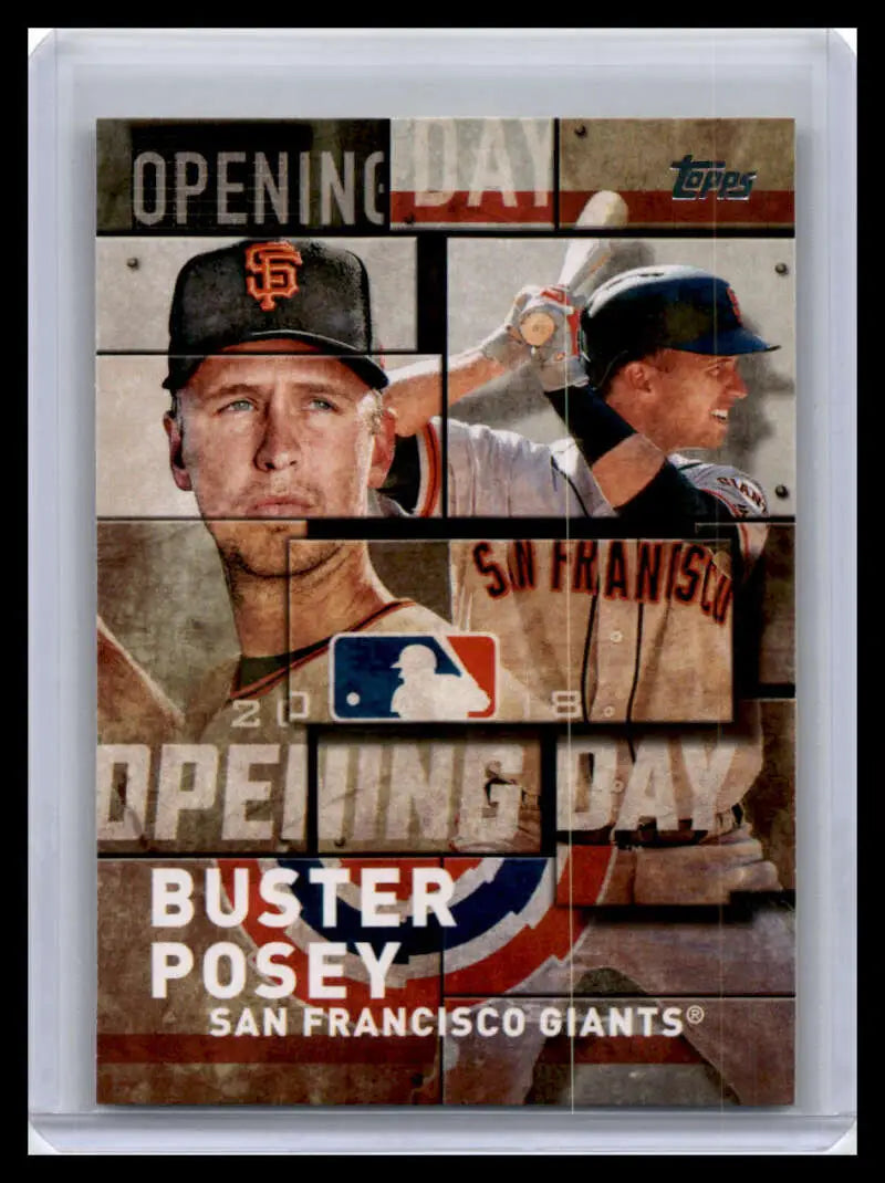 Baseball card featuring Buster Posey and San Francisco Giants Opening Day artwork