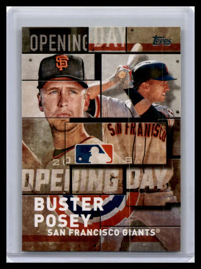 Baseball card featuring Buster Posey and San Francisco Giants Opening Day artwork