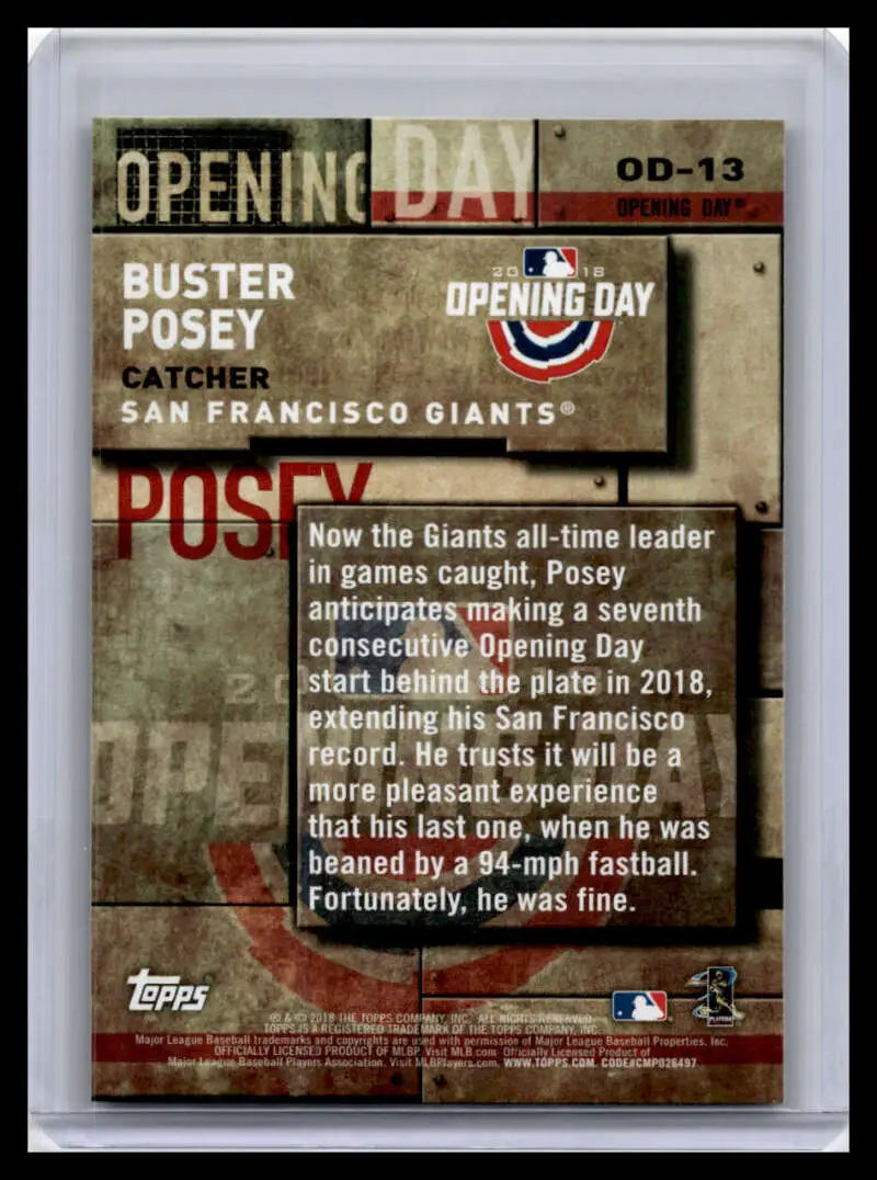 Baseball card featuring Buster Posey and San Francisco Giants Opening Day design