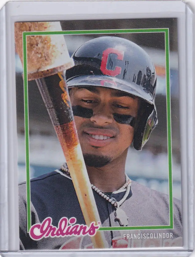 Baseball trading card of Francisco Lindor in Cleveland Indians uniform and helmet