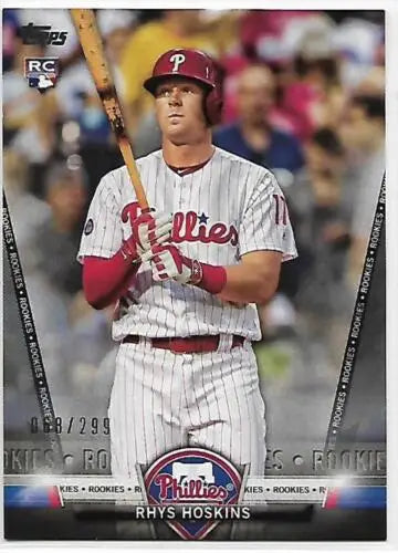 Baseball card featuring Rhys Hoskins in pinstripes, Topps Salute Black original gloss