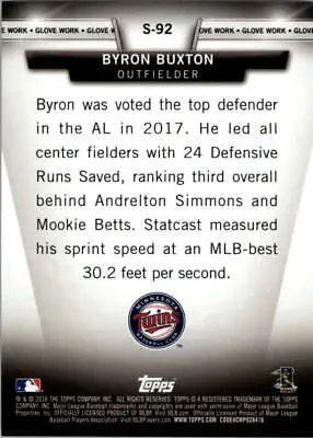 Back of 2018 Topps Salute Series 2 S92 Byron Buxton Baseball card Minnesota Vikings