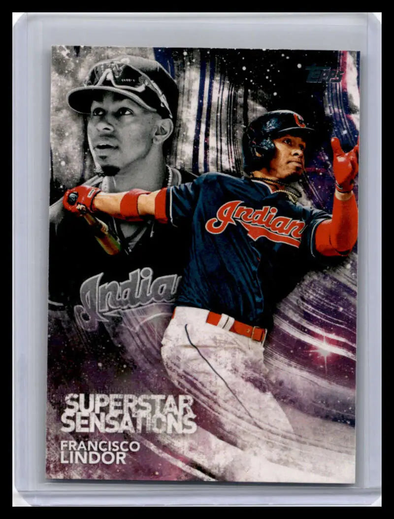 Baseball card featuring dynamic action collage of Francisco Lindor, Cleveland Indians player