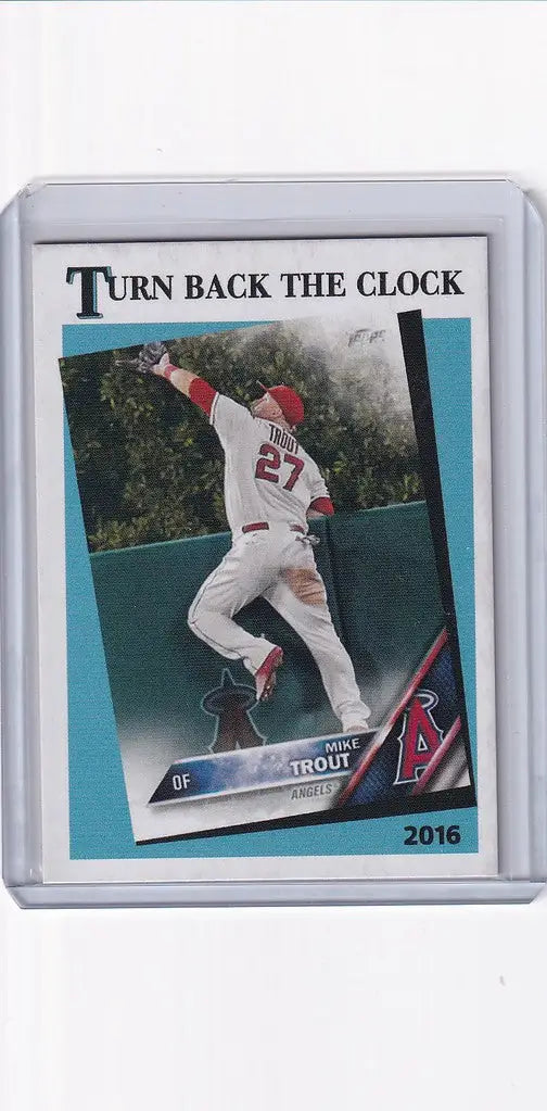 Baseball card of Mike Trout making a leaping catch, Topps Throwback Thursday TBT