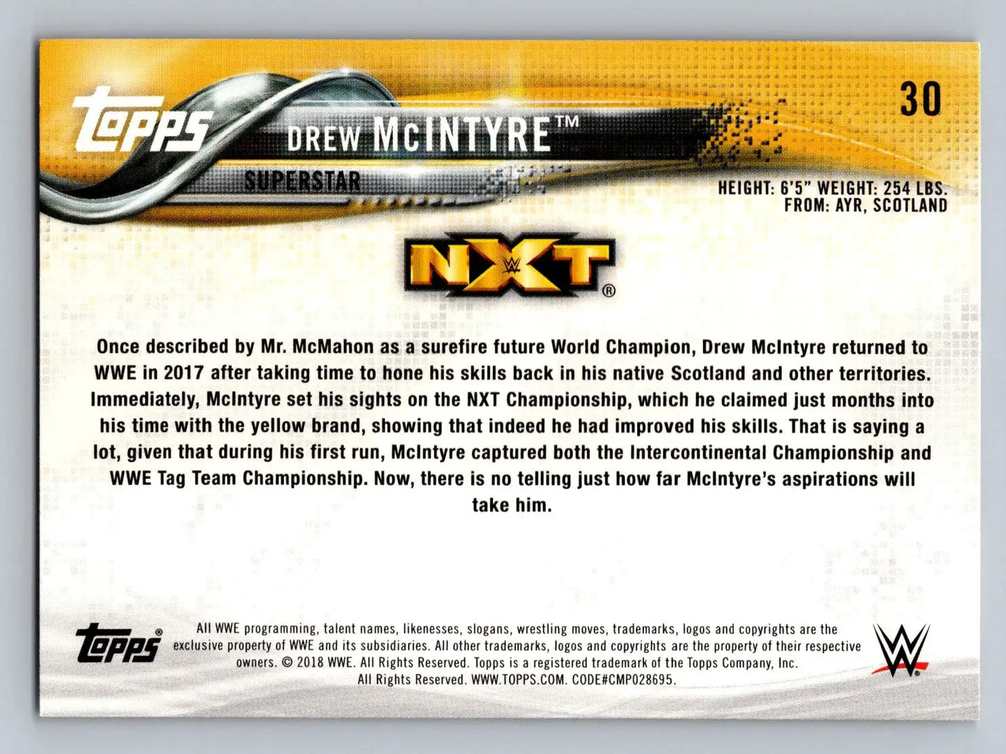 Drew McIntyre Bronze wrestling card from 2018 Topps WWE #30 collectible series