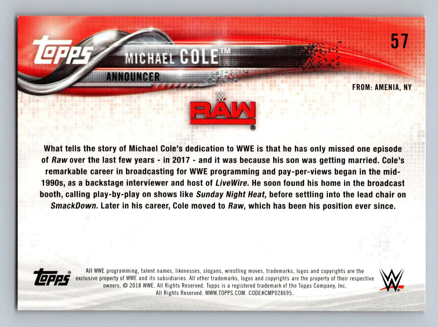 Michael Cole wrestling card back from 2018 Topps WWE #57 collectible series