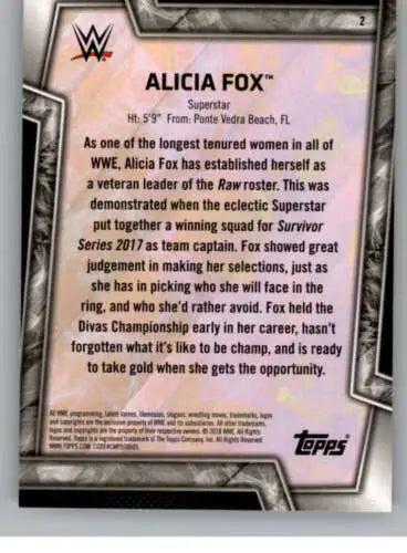 WWE trading card featuring Alicia Fox from 2018 Topps WWE Division Evolution with original gloss