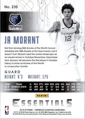 Ja Morant basketball card from 2019-20 Panini Chronicles Essentials Rookie set