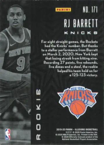 RJ Barrett Rookie Basketball Card from 2019-20 Panini Illusions New York Knicks