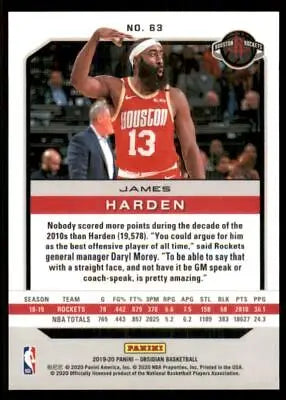 2019-20 Panini Obsidian #63 James Harden Houston Rockets Basketball Card NM-MT