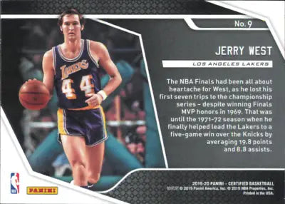 Jerry West 2019-20 Certified Raise the Banner #9 Los Angeles Lakers Basketball Card