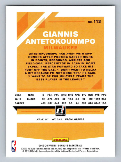 Basketball card featuring Giannis Antetokounmpo from 2019-20 Donruss #113