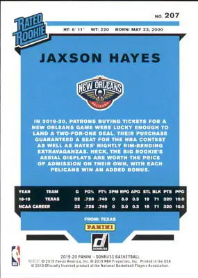 Jaxson Hayes Rookie Basketball Card 2019-20 Donruss New Orleans Pelicans NM-MT