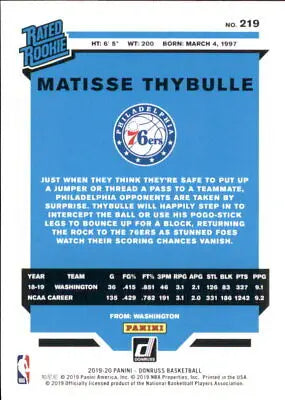 Matisse Thybulle Rookie basketball card from 2019-20 Donruss featuring Philadelphia 76ers