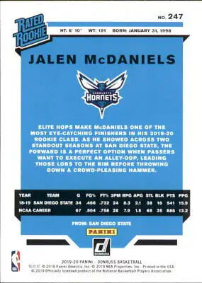 Jalen McDaniels Rookie basketball card 2019-20 Donruss #247 Charlotte Hornets NM-MT