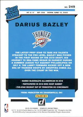 Darius Bazley basketball card from 2019-20 Donruss Oklahoma City Thunder Rookie set