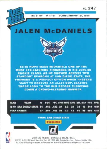 Jalen McDaniels 2019-20 Donruss Green Flood basketball card featuring the Charlotte Hornets