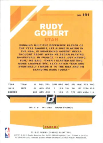 Rudy Gobert 2019-20 Donruss Holo Orange Laser Basketball Card NM-MT Utah Jazz