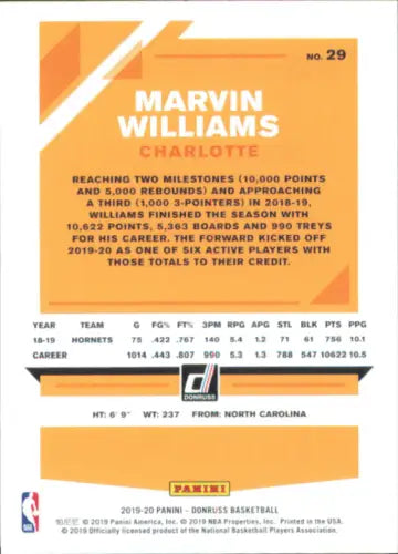 Marvin Williams 2019-20 Donruss Holo Orange Laser #29 Charlotte Hornets card NM-MT