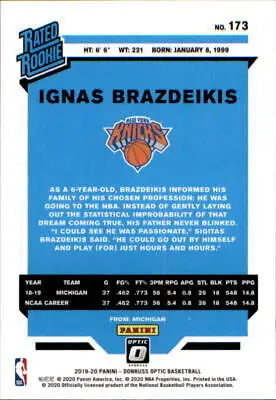 Basketball card back of 2019-20 Donruss Optic Ignas Brazdeikis Rookie NY Knicks